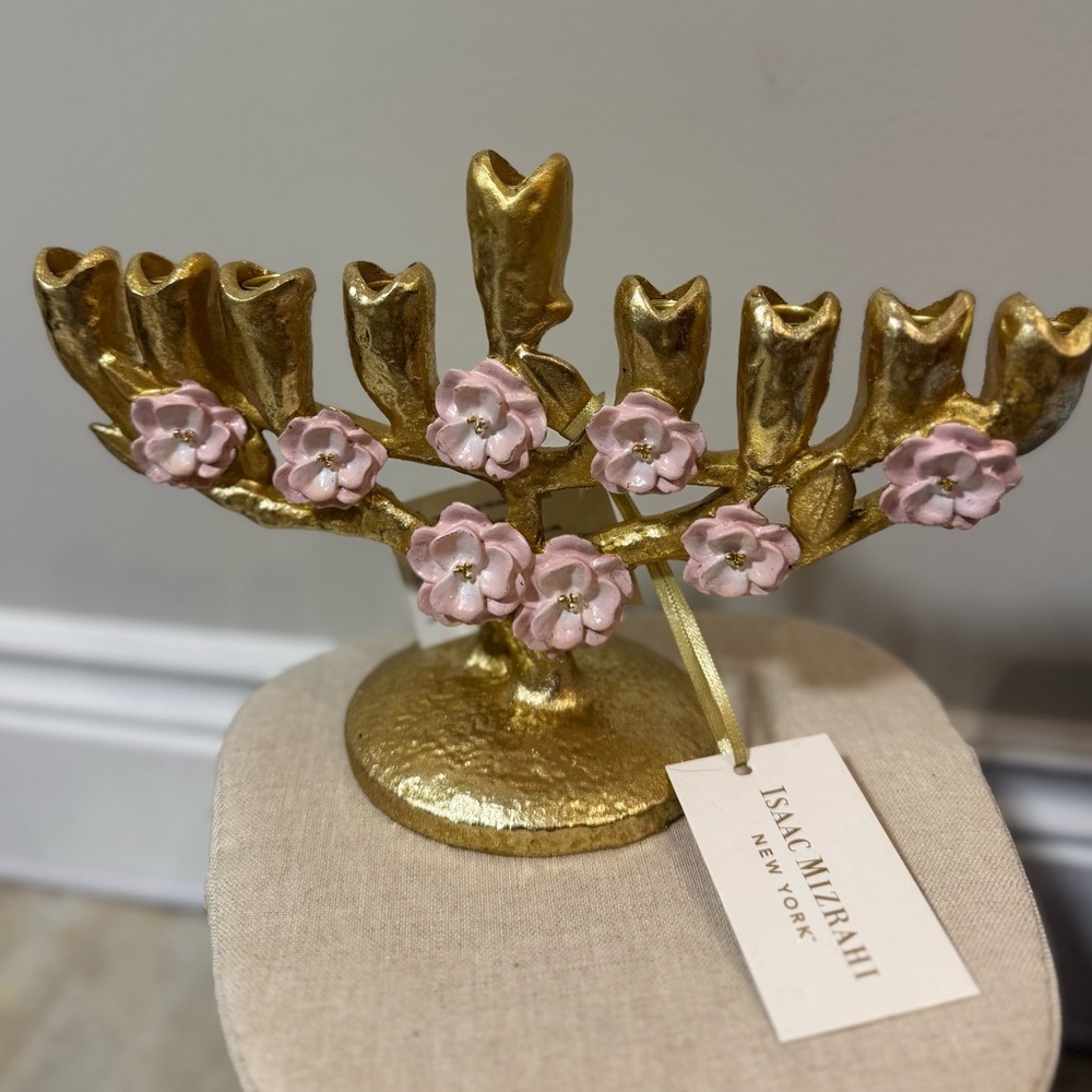 NWT ISAAC MIZRAHI Gold Menorah with Pink Floral Design